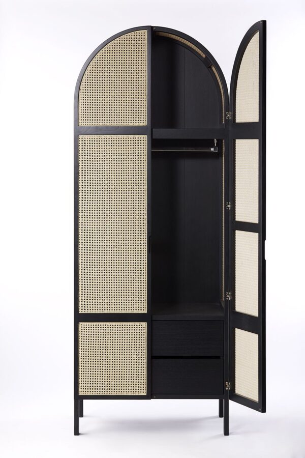 Atta Avenue Modern Woven Wardrobe in Black Stain Oak and Rattan