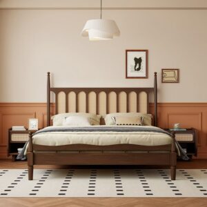 Elegant Mid-Century Modern Bed with Rattan Headboard