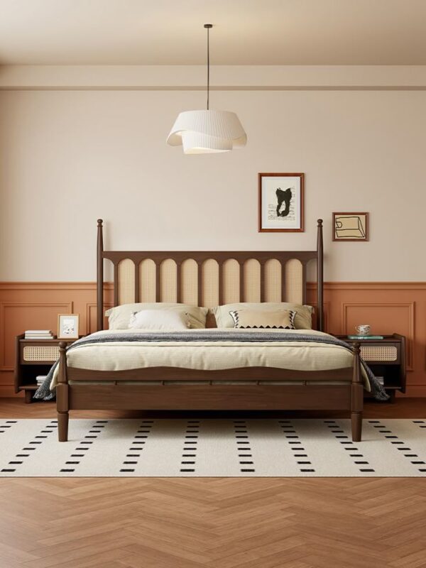 Elegant Mid-Century Modern Bed with Rattan Headboard